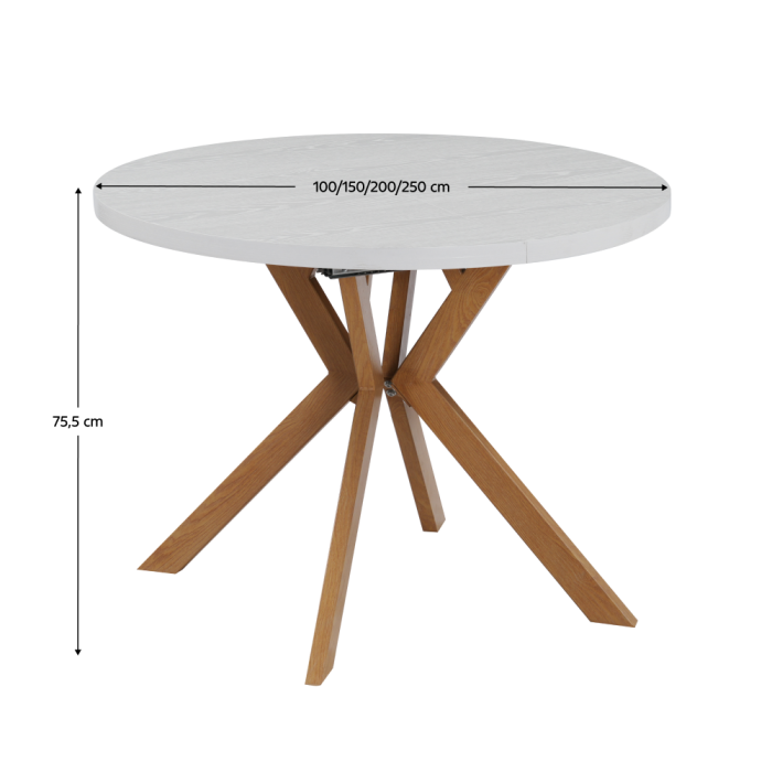 Masă extensibilă de sufragerie, albă/stejar, 100-250x75,5 cm, LUKOS [12]