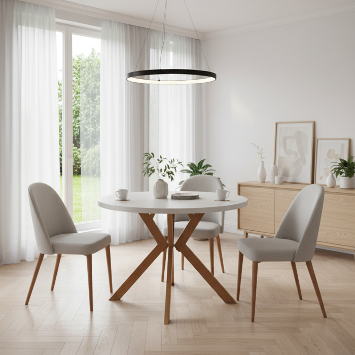 Masă extensibilă de sufragerie, albă/stejar, 100-250x75,5 cm, LUKOS [11]