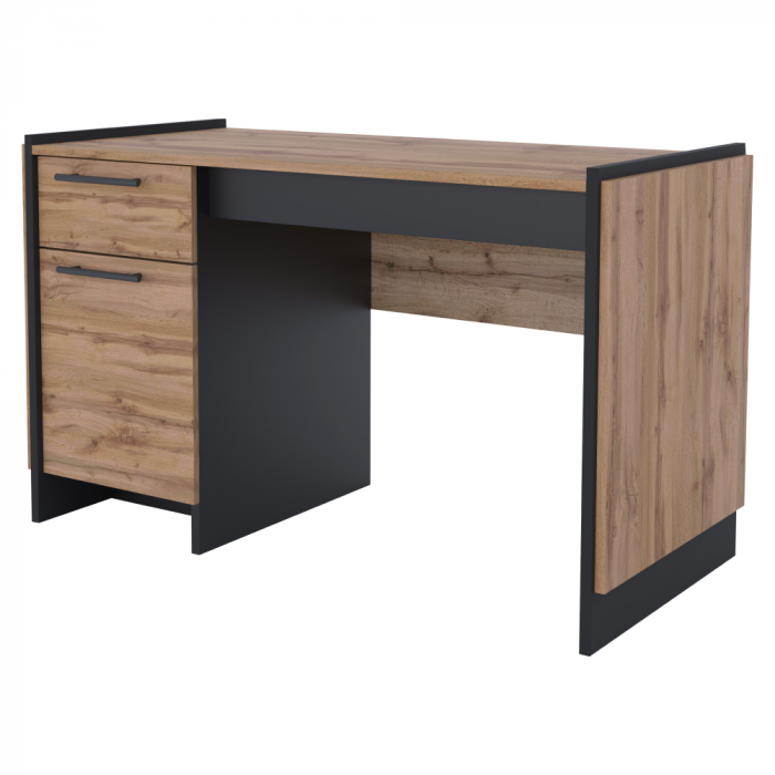 Birou , masa de birou, cu sertar si usa, pal stejar wotan/negru,126 cm lungime x 60 cm adancime ,canturi abs [1]