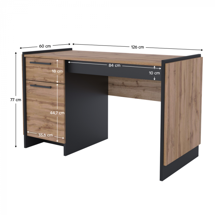 Birou , masa de birou, cu sertar si usa, pal stejar wotan/negru,126 cm lungime x 60 cm adancime ,canturi abs [2]