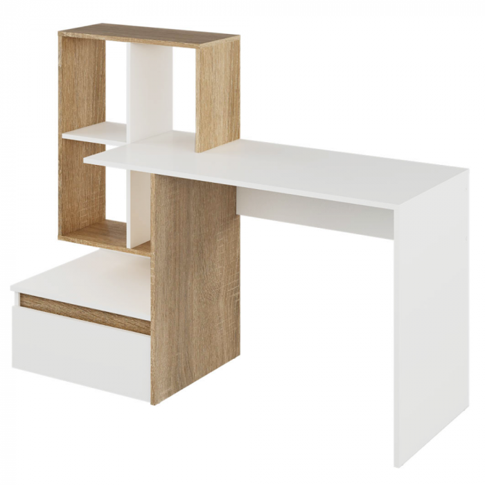 Birou modern cu sertar si rafturi, pal alb /stejar sonoma, 145 cm lungime x 55 cm adancime, canturi abs [4]