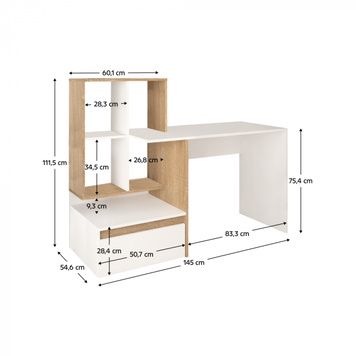 Birou modern cu sertar si rafturi, pal alb /stejar sonoma, 145 cm lungime x 55 cm adancime, canturi abs [2]