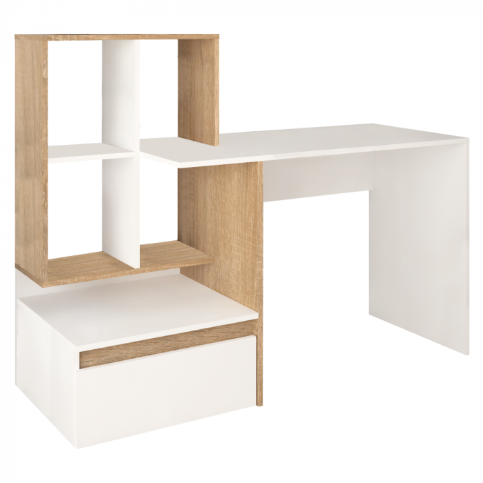 Birou modern cu sertar si rafturi, pal alb /stejar sonoma, 145 cm lungime x 55 cm adancime, canturi abs [3]