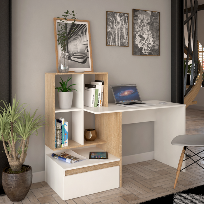 Birou modern cu sertar si rafturi, pal alb /stejar sonoma, 145 cm lungime x 55 cm adancime, canturi abs [5]