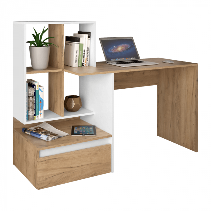 Birou/Masă PC, stejar artisan/alb,modern, cu sertar [1]