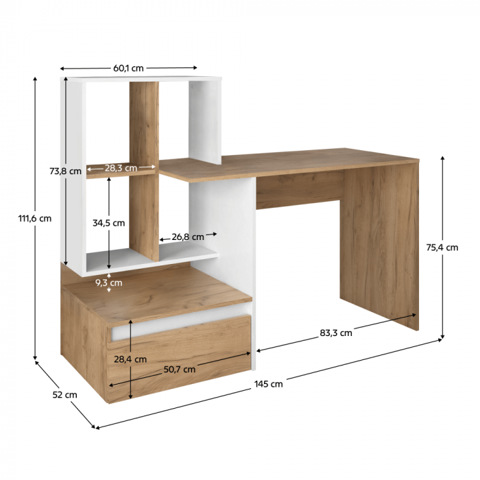 Birou/Masă PC, stejar artisan/alb,modern, cu sertar [2]