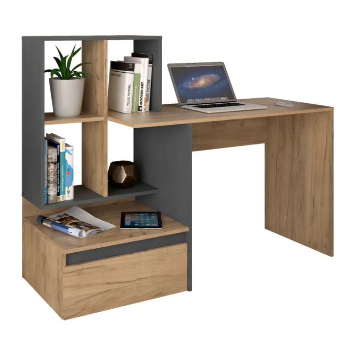 Birou modern cu rafturi , stejar artisan/grafit, 145 cm lungime, cu sertar [1]