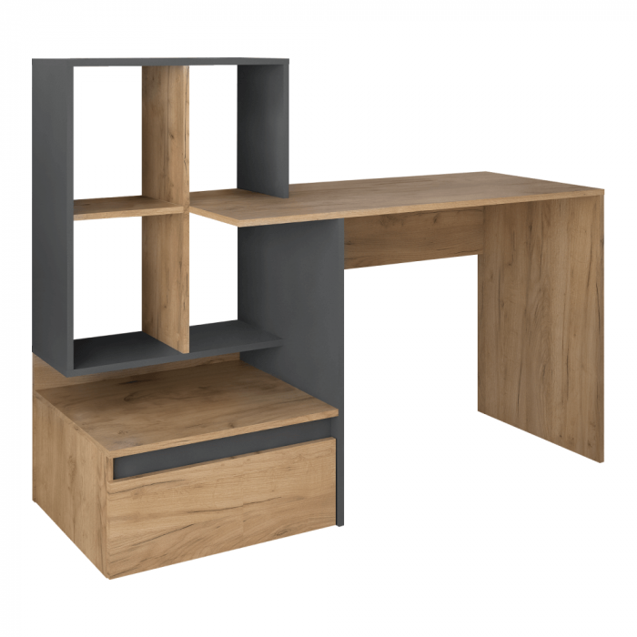 Birou modern cu rafturi , stejar artisan/grafit, 145 cm lungime, cu sertar [3]