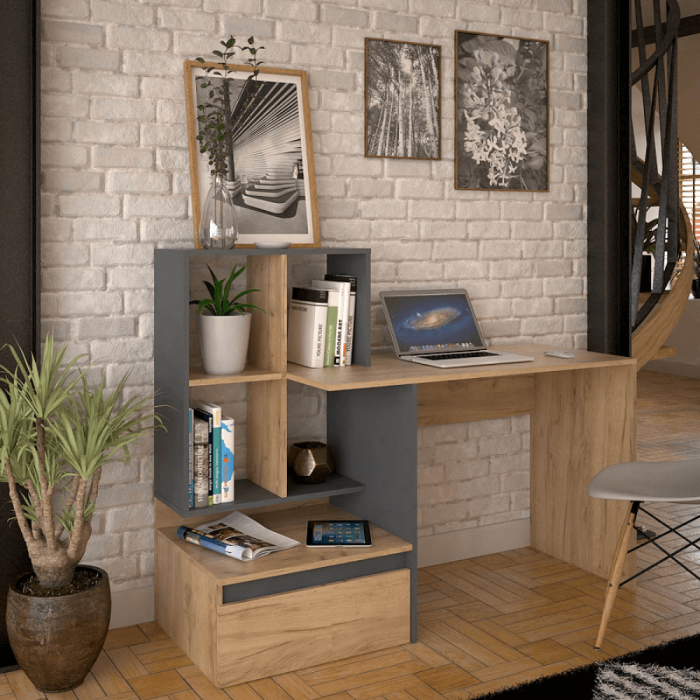 Birou modern cu rafturi , stejar artisan/grafit, 145 cm lungime, cu sertar [5]