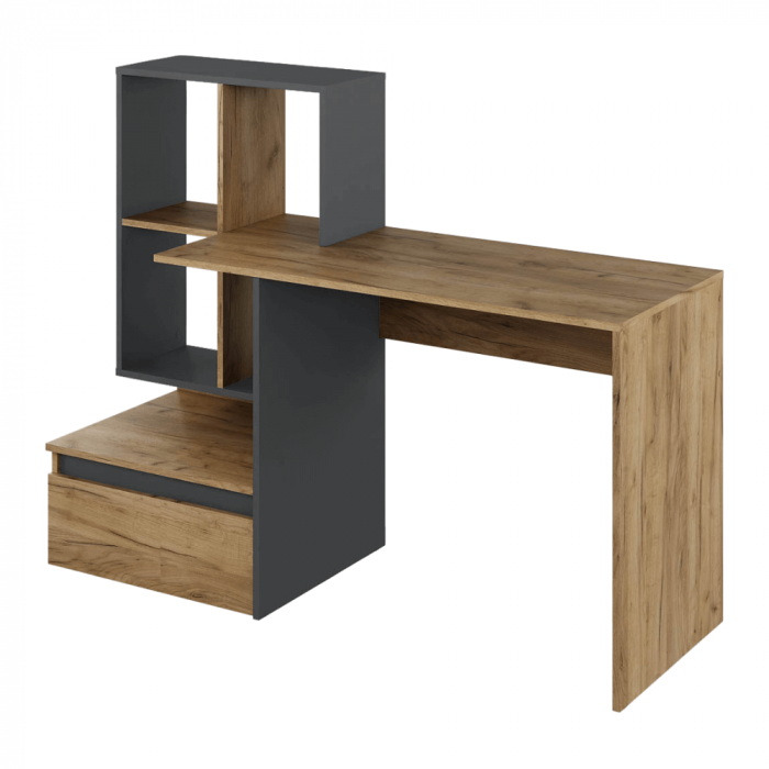 Birou modern cu rafturi , stejar artisan/grafit, 145 cm lungime, cu sertar [4]