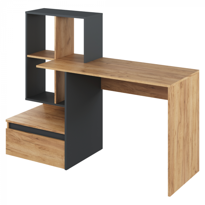 Birou modern cu sertar si rafturi, pal stejar artisan auriu/grafit , 145 cm lungime x 55 cm adancime, canturi abs [3]