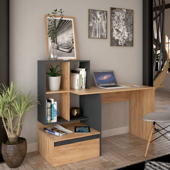 Birou modern cu sertar si rafturi, pal stejar artisan auriu/grafit , 145 cm lungime x 55 cm adancime, canturi abs [4]