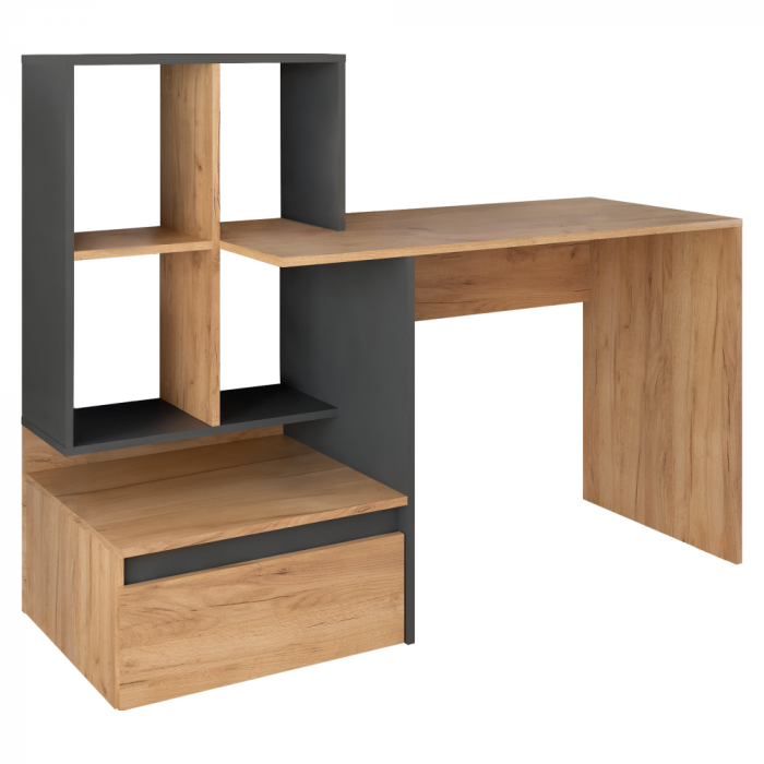 Birou modern cu sertar si rafturi, pal stejar artisan auriu/grafit , 145 cm lungime x 55 cm adancime, canturi abs [2]
