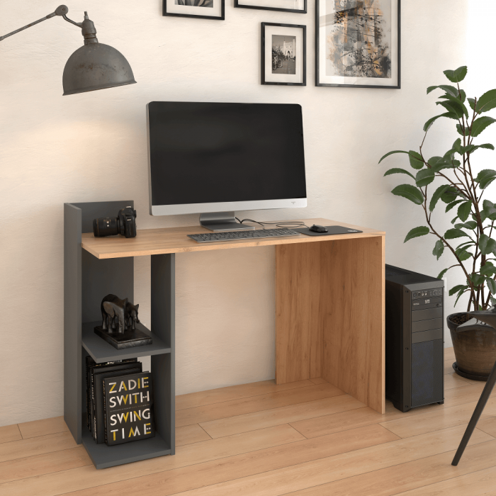 Birou modern cu rafturi, 120 cm lungime x 52 cm adancime , stejar artisan auriu/grafit, canturi abs [4]