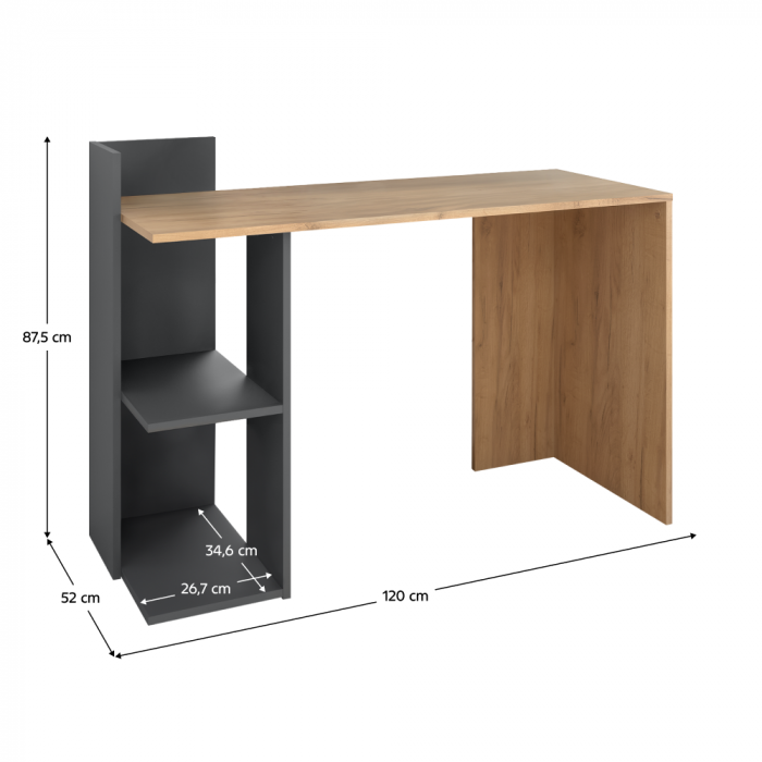 Birou modern cu rafturi, 120 cm lungime x 52 cm adancime , stejar artisan auriu/grafit, canturi abs [5]