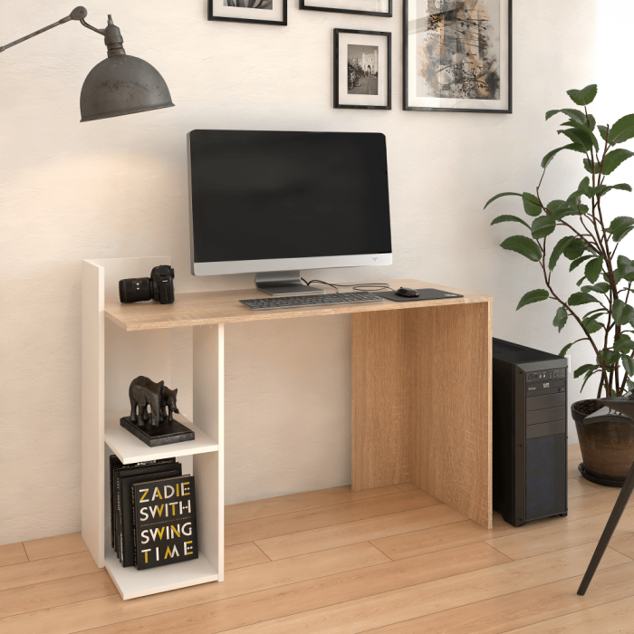 Birou modern cu rafturi, 120 cm lungime x 52 cm adancime , stejar sonoma/alb, canturi abs [4]