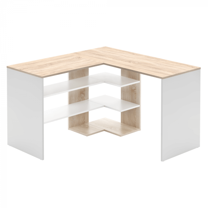 Birou pentru colt , pal alb/stejar sonoma , 120 x 120 cm, 50 cm adancime, cu rafturi [2]