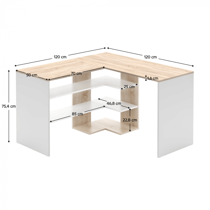 Birou pentru colt , pal alb/stejar sonoma , 120 x 120 cm, 50 cm adancime, cu rafturi [5]