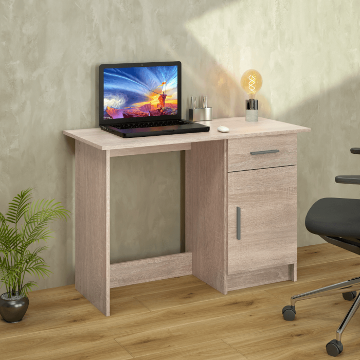 Birou /masa birou universal, cu usa si sertar montat pe dreapta sau stanga, pal stejar sonoma, 108.5 cm lungime x 50 cm adancime x 75.4 cm inaltime, cu sertar si usa [8]