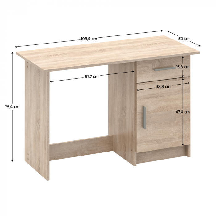 Birou /masa birou universal, cu usa si sertar montat pe dreapta sau stanga, pal stejar sonoma, 108.5 cm lungime x 50 cm adancime x 75.4 cm inaltime, cu sertar si usa [9]