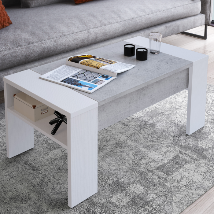 Măsuţă de cafea, alb/beton, cu sistem de ridicare [5]