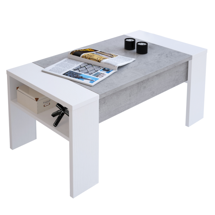 Măsuţă de cafea, alb/beton, cu sistem de ridicare [2]