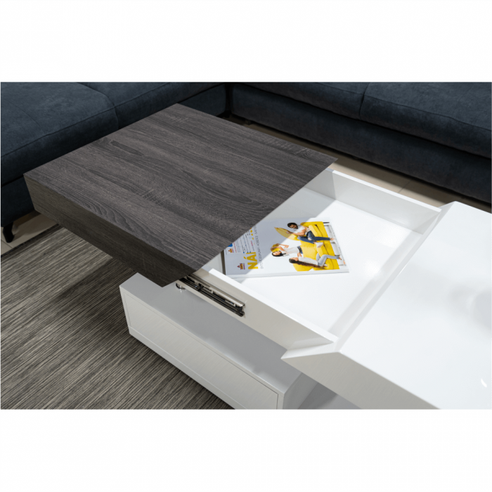 Măsuţă de cafea, alb extra lucios HG/gri cu design din lemn, MELIDA [5]