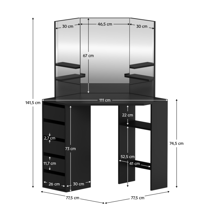 Măsuţă de toaletă de colţ, negru, ELIO [2]