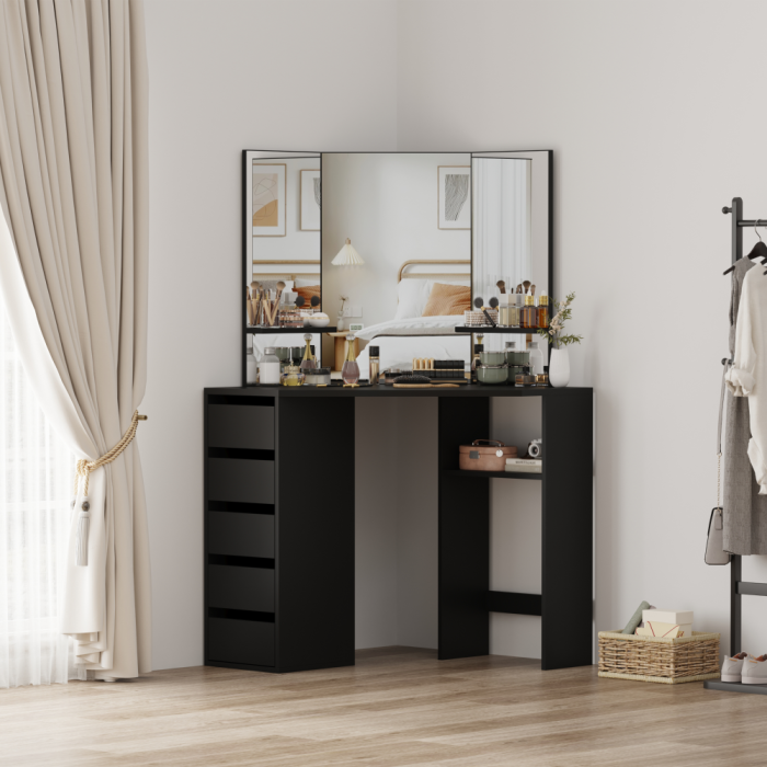 Măsuţă de toaletă de colţ, negru, ELIO [10]