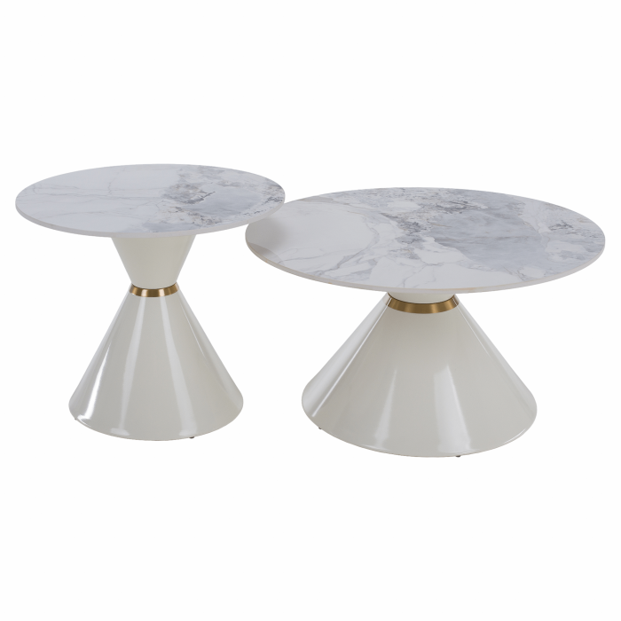 Măsuţe de cafea, set de 2, marmură albă/albă/auriu, metal, MABUZ NEW [22]