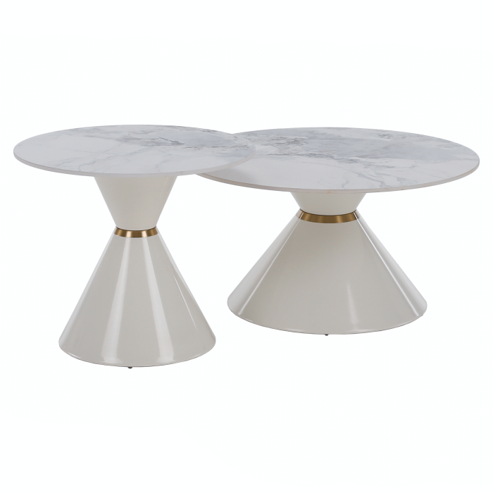 Măsuţe de cafea, set de 2, marmură albă/albă/auriu, metal, MABUZ NEW [18]
