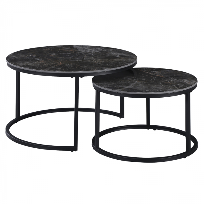 Măsuţe de cafea, set de 2, marmură negru/oţel negru, LASTRO [1]