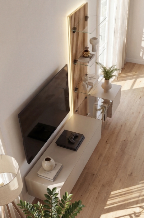 Mobila camera de zi -Living, push open, prindere perete suspendata, 220 cm lungime x 160cm inaltime x 40 cm adancime , riflaj perete, casmir gri/stejar riflat, cu rafturi sticla securizata, Bortis [9]