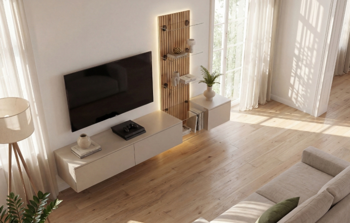 Mobila camera de zi -Living, push open, prindere perete suspendata, 220 cm lungime x 160cm inaltime x 40 cm adancime , riflaj perete, casmir gri/stejar riflat, cu rafturi sticla securizata, Bortis [5]