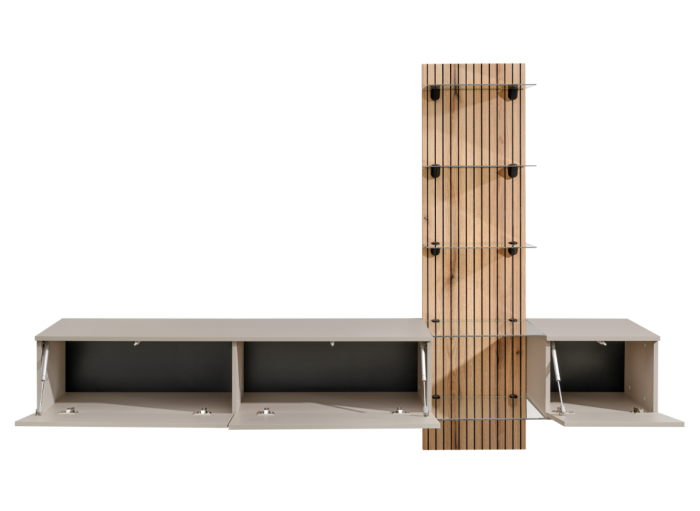 Mobila camera de zi -Living, push open, prindere perete suspendata, 220 cm lungime x 160cm inaltime x 40 cm adancime , riflaj perete, casmir gri/stejar riflat, cu rafturi sticla securizata, Bortis [3]