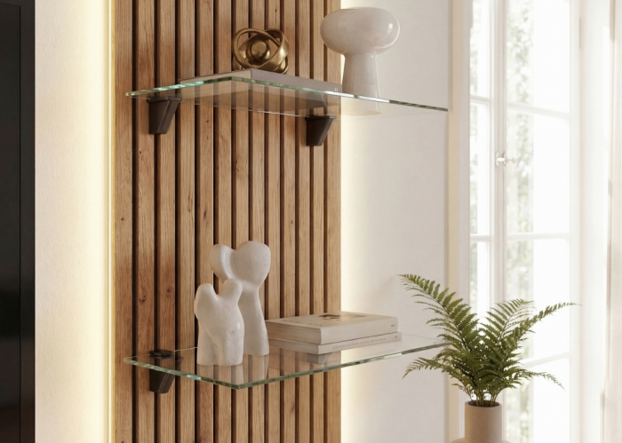 Mobila camera de zi -Living, push open, prindere perete suspendata, 220 cm lungime x 160cm inaltime x 40 cm adancime , riflaj perete, casmir gri/stejar riflat, cu rafturi sticla securizata, Bortis [7]