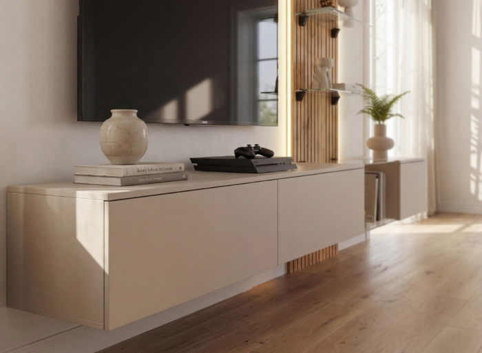 Mobila camera de zi -Living, push open, prindere perete suspendata, 220 cm lungime x 160cm inaltime x 40 cm adancime , riflaj perete, casmir gri/stejar riflat, cu rafturi sticla securizata, Bortis [6]