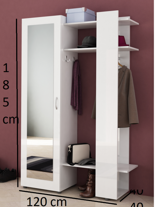 Mobila de hol-Cuier cu dulap, usa cu soft close-amortizare, suport umerase,cu oglinda si rafturi,120 cm lungime, pantofar deschis ,alb lucios, Bortis Impex [2]