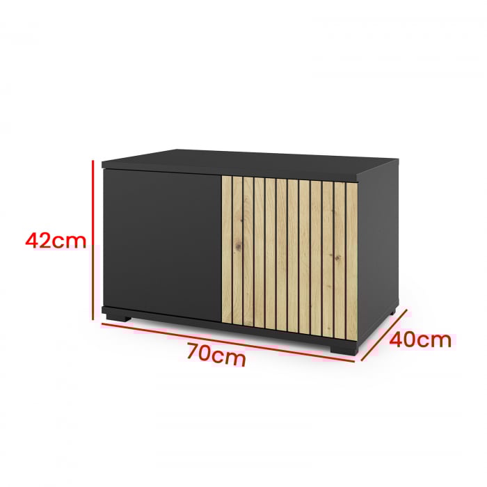 Mobila hol/ Cuier modern, cu model gen riflaj si panouri tapitate, usi cu push open, negru/stejar artisan/stofa crem bej, 140 x 225x 40 cm ,cu dulap haine , spatios [5]