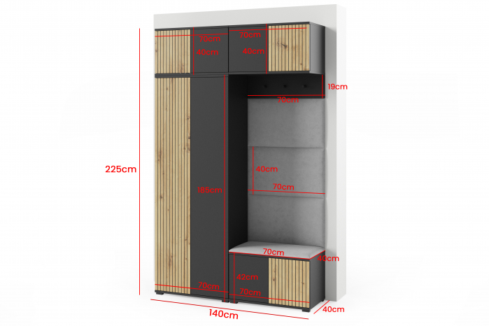 Mobila hol/ Cuier modern, cu model gen riflaj si panouri tapitate, usi cu push open, negru/stejar artisan/stofa crem bej, 140 x 225x 40 cm ,cu dulap haine , spatios [6]