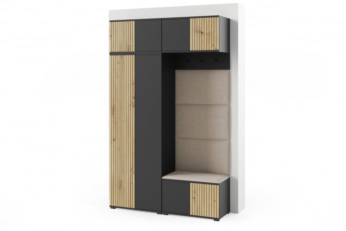 Mobila hol/ Cuier modern, cu model gen riflaj si panouri tapitate, usi cu push open, negru/stejar artisan/stofa crem bej, 140 x 225x 40 cm ,cu dulap haine , spatios [2]