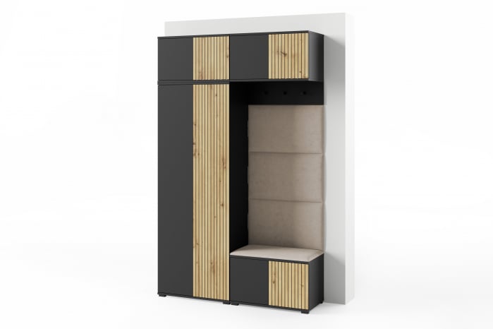 Mobila hol/ Cuier modern, cu model gen riflaj si panouri tapitate, usi cu push open, negru/stejar artisan/stofa crem bej, 140 x 225x 40 cm ,cu dulap haine , spatios [3]