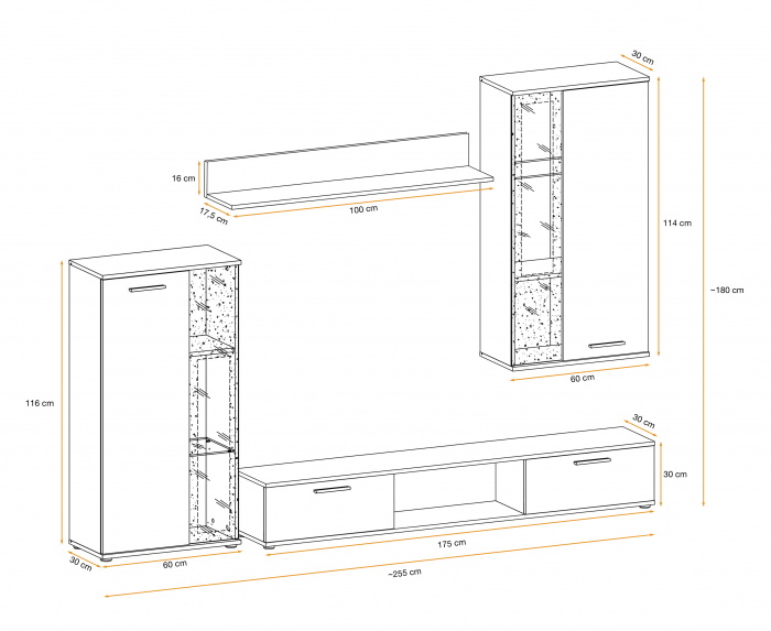 Mobila Living , 255 cm lungime, pal alb/ vitrina sticla neagra, cu raft si comoda tv, iluminare led alb, Bortis Impex [4]