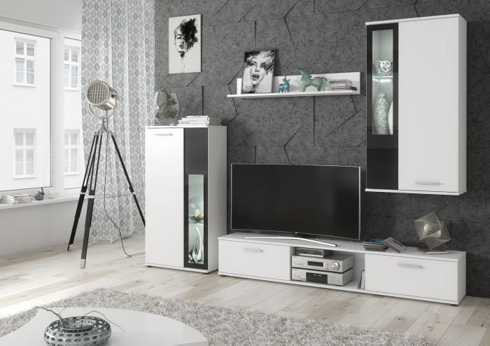 Mobila Living , 255 cm lungime, pal alb/ vitrina sticla neagra, cu raft si comoda tv, iluminare led alb, Bortis Impex [2]