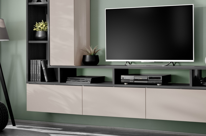 Mobila Living modern, casmir bej inchis/ stejar grafit, 210 cm lungime x35 cm adancime, suspendata- prindere perete, usi deschidere prin apasare-push open, canturi abs [4]