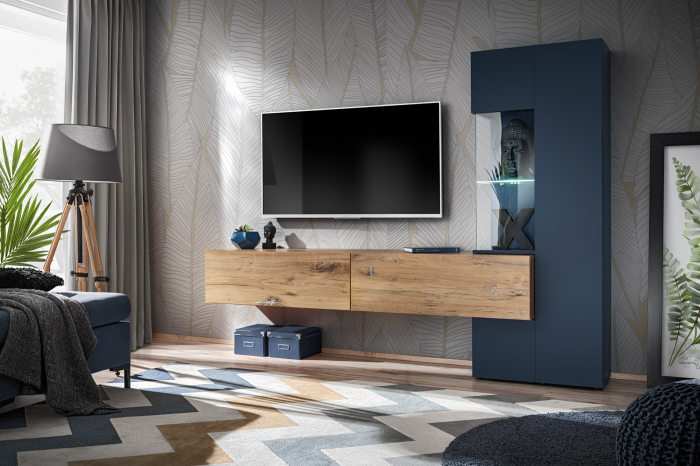 Mobila living moderna, albastru inchis/stejar natur, 210 cm lungime, usi deschidere push open/prin apasare, Bortis [2]
