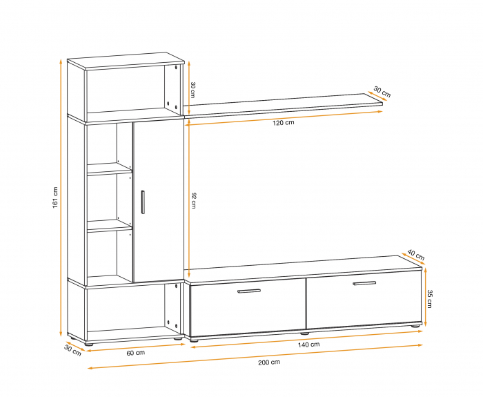 Mobila Living sufragerie , 200 cm lungime x 161 inaltime x 40 cm adancime, Gri perlat mat / Stejar artisan, canturi abs , comoda tv, dulap, raft, Bortis [4]