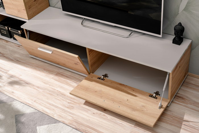 Mobila Living sufragerie , 200 cm lungime x 161 inaltime x 40 cm adancime, Gri perlat mat / Stejar artisan, canturi abs , comoda tv, dulap, raft, Bortis [14]
