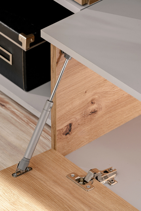Mobila Living sufragerie , 200 cm lungime x 161 inaltime x 40 cm adancime, Gri perlat mat / Stejar artisan, canturi abs , comoda tv, dulap, raft, Bortis [13]