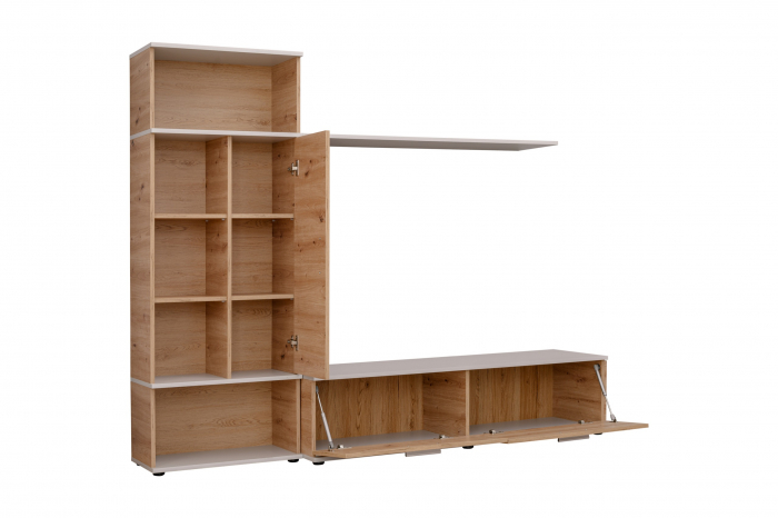 Mobila Living sufragerie , 200 cm lungime x 161 inaltime x 40 cm adancime, Gri perlat mat / Stejar artisan, canturi abs , comoda tv, dulap, raft, Bortis [2]